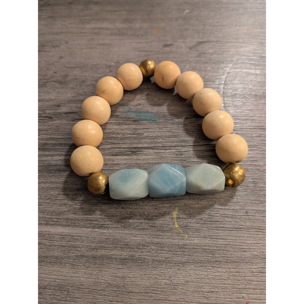 Boho Natural Wood and Blue Stone‎ Stretch Bead Bracelet Gold Tone Accents